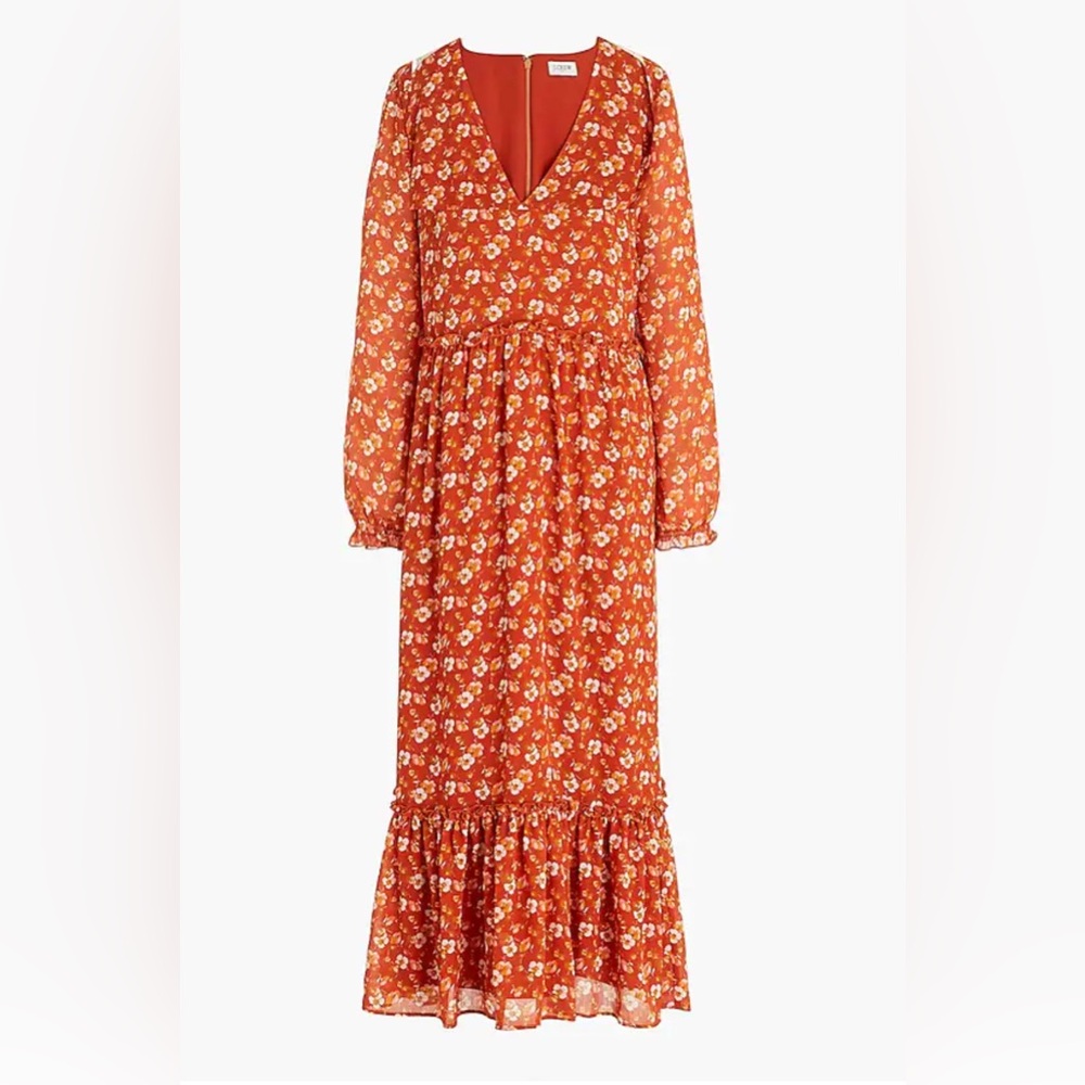 J crew rust/ white tiny floral crinkle tiered flounce long sleeve midi dress. XL